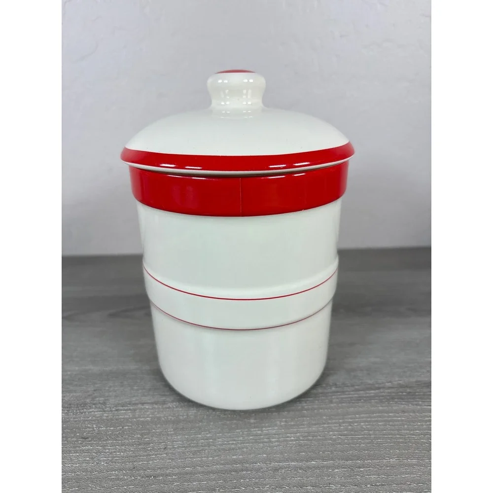 King Arthur Flour 1 Qt Ceramic Canister Crock Jar w/Lid Chantal Red Rim